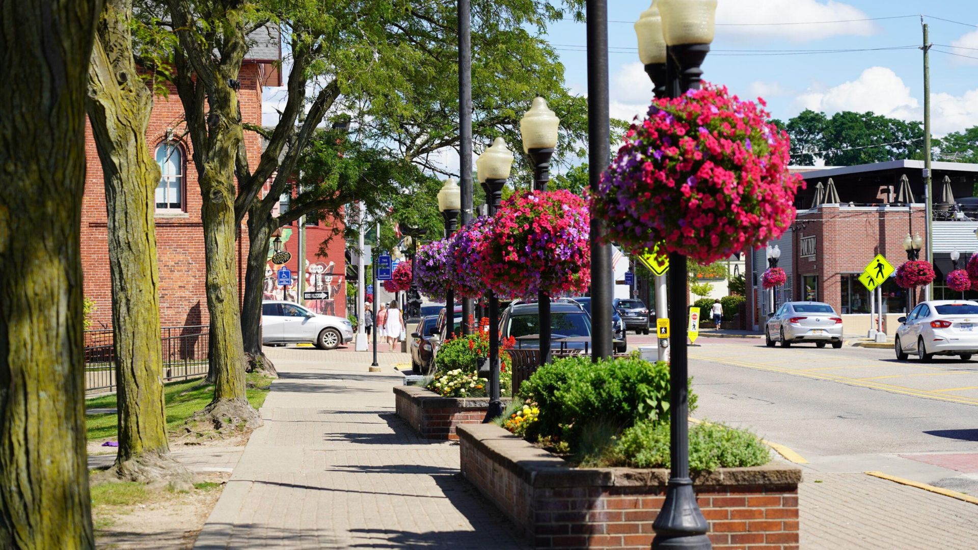 sidewalk of a city with flowers in the summer