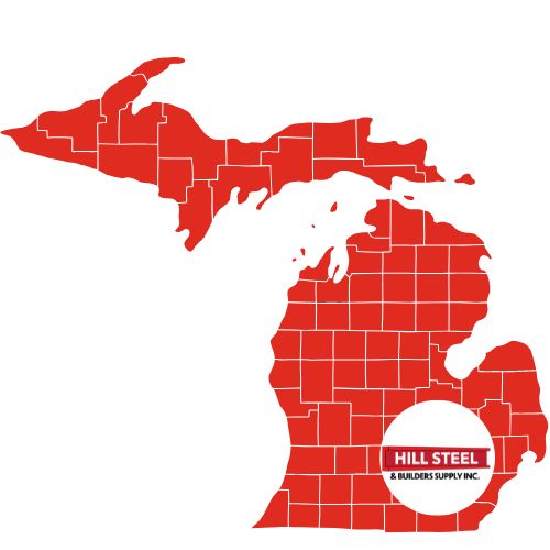 red map of michigan indicating hill steel service area